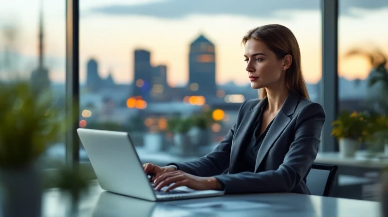 Geschäftsführerin in Jenaer Hightech-Büro mit Blick auf Lichtstadt-Skyline und Universitätsturm