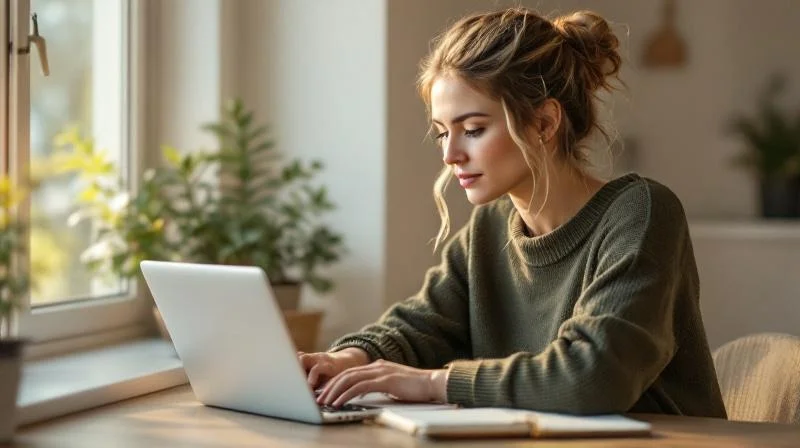 Frau arbeitet konzentriert am Laptop in einem hellen Raum mit Blick auf Jenär Altstadt